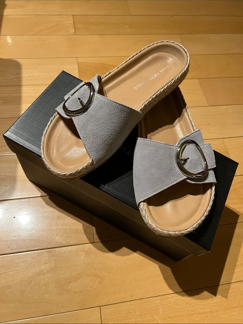 Saks Fifth Avenue Gray Suede Slide Sandals with Buckle